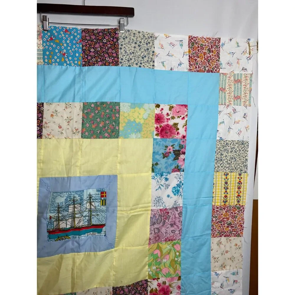 VTQ Patchwork Quilt Top Layer Mariner Sailing Ship 54x54